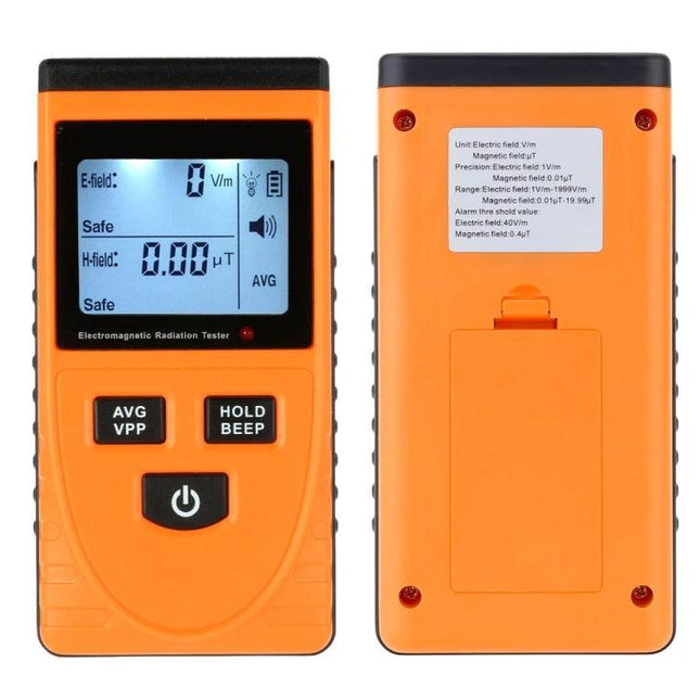 Benetech Electromagnetic Radiation Tester for Indoor and Outdoor Use - orange portable EMF meter front and back view