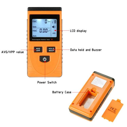 Benetech Electromagnetic Radiation Tester for Indoor and Outdoor Use handheld meter with LCD display, AVG/VPP, data hold, buzzer and battery case
