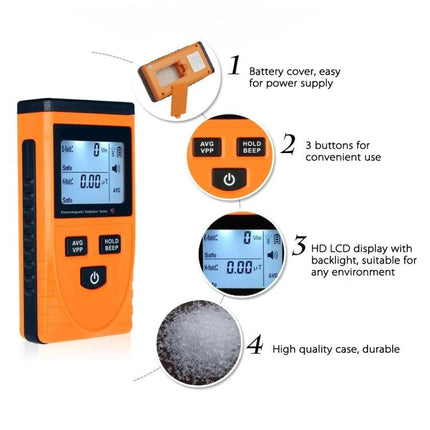 Benetech Electromagnetic Radiation Tester for Indoor and Outdoor Use - orange handheld meter with LCD, buttons and durable case