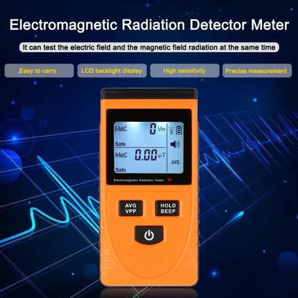 Benetech Electromagnetic Radiation Tester for Indoor and Outdoor Use - portable orange EMF meter with LCD display measuring electric and magnetic fields