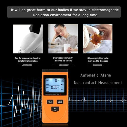 Benetech Electromagnetic Radiation Tester for Indoor and Outdoor Use handheld meter showing display, automatic alarm and non‑contact measurement
