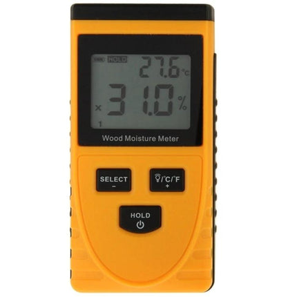 Digital Wood Moisture Meter for Home Woodworking Checks handheld yellow meter showing 31.0% moisture and 27.6°C on LCD