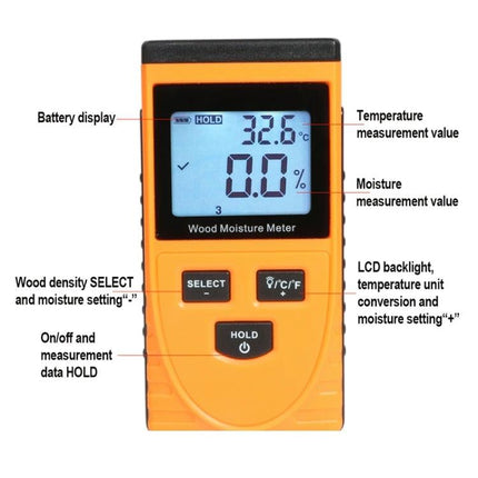 Digital Wood Moisture Meter for Home Woodworking Checks – handheld digital meter showing 0.0% moisture and 32.6°C temperature, LCD display and buttons