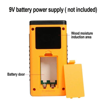 Digital Wood Moisture Meter for Home Woodworking Checks handheld unit showing battery door and wood moisture induction area