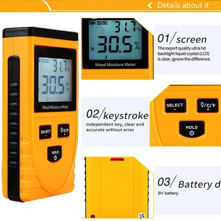 Digital Wood Moisture Meter for Home Woodworking Checks handheld yellow device showing 30.5% moisture on LCD display