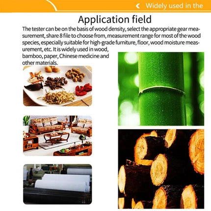 Digital Wood Moisture Meter for Home Woodworking Checks - handheld moisture and temperature tester shown with bamboo, logs, furniture and wood material samples