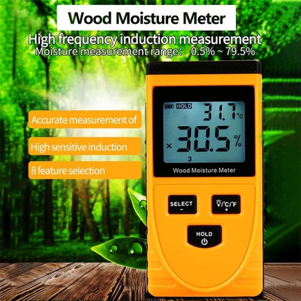 Digital Wood Moisture Meter for Home Woodworking Checks handheld tool showing 30.5% moisture and temperature on display