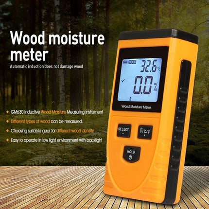 Digital Wood Moisture Meter for Home Woodworking Checks handheld yellow device showing 0.0% on display for accurate moisture checks
