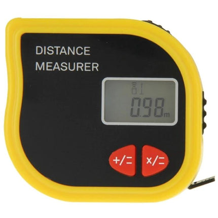 Portable Handheld Distance Measurer with Built-in Tape Measure showing digital display 0.98m and yellow casing