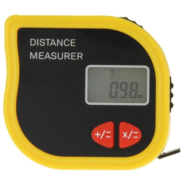 Portable Handheld Distance Measurer with Built-in Tape Measure showing digital display 0.98m and yellow casing