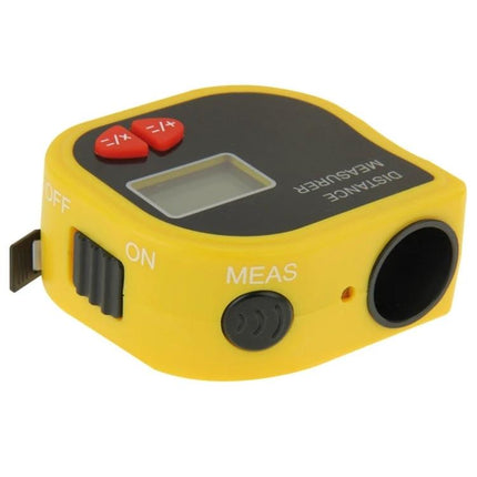 Portable Handheld Distance Measurer with Built-in Tape Measure yellow digital unit showing display and tape