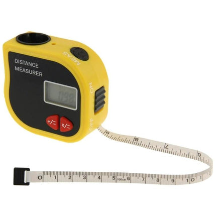 Portable Handheld Distance Measurer with Built-in Tape Measure showing yellow digital unit with LCD and extended tape