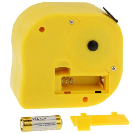 Portable Handheld Distance Measurer with Built-in Tape Measure yellow handheld unit showing battery compartment and tape end