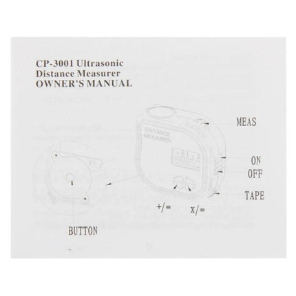 Portable Handheld Distance Measurer with Built-in Tape Measure showing manual diagram of buttons, display, ON/OFF, MEAS and tape functions