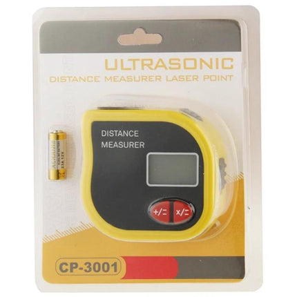 Portable Handheld Distance Measurer with Built-in Tape Measure in yellow packaging showing display, buttons and battery (CP-3001)