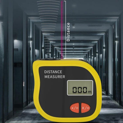 Portable Handheld Distance Measurer with Built-in Tape Measure showing digital display, built-in tape and distance reading in corridor scene