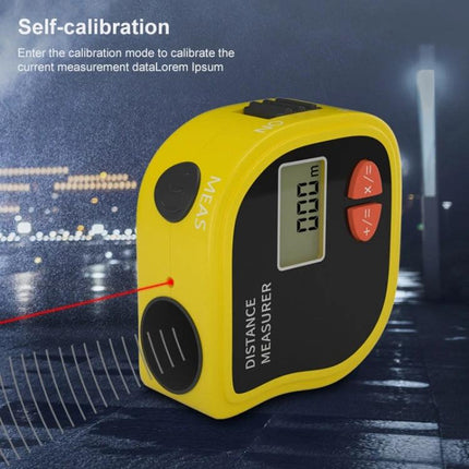 Portable Handheld Distance Measurer with Built-in Tape Measure - yellow digital laser and tape combo showing 0.00 on display