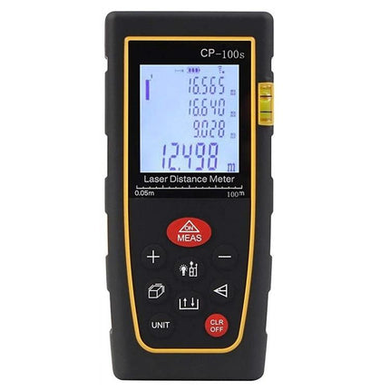 Portable Handheld Laser Distance Meter with 100 Meter Range showing digital display and buttons for measuring distances