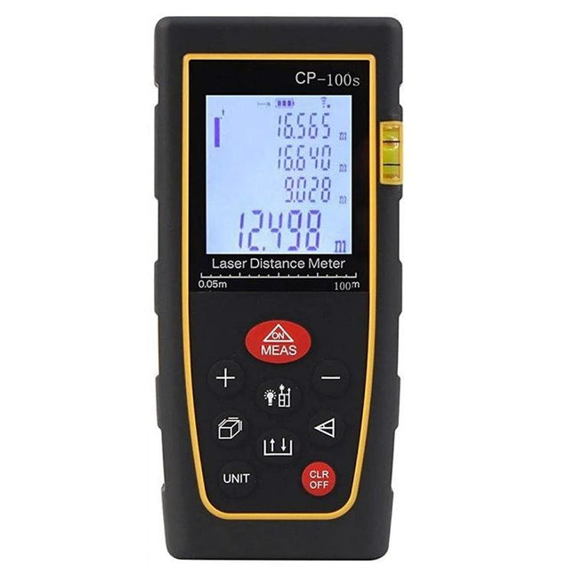 Portable Handheld Laser Distance Meter with 100 Meter Range showing digital display and buttons for measuring distances