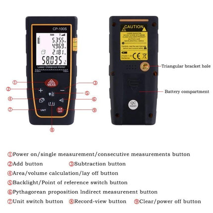 Portable Handheld Laser Distance Meter with 100 Meter Range showing front and back, display, buttons, and labeled parts