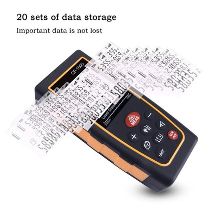 Portable Handheld Laser Distance Meter with 100 Meter Range showing display, buttons and 20 sets of data storage for construction and home use