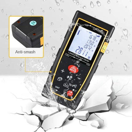 Portable Handheld Laser Distance Meter with 100 Meter Range showing waterproof anti-smash design and large backlit display