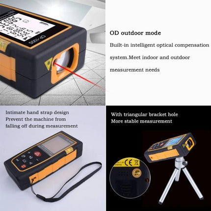Portable Handheld Laser Distance Meter with 100 Meter Range showing laser beam, display, hand strap and tripod mounting