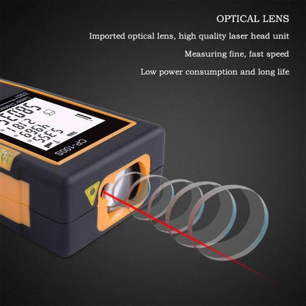 Portable Handheld Laser Distance Meter with 100 Meter Range showing laser beam, optical lens, and LCD readings for construction and home use