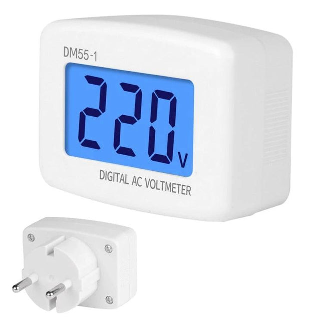 Digital AC Voltage Meter for Measuring 110-300V Household Circuits - white ABS digital voltmeter showing 220V for home plug monitoring