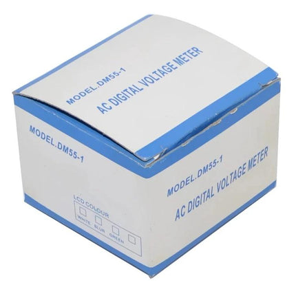 Digital AC Voltage Meter for Measuring 110-300V Household Circuits compact boxed unit (model DM55-1) in white-blue packaging