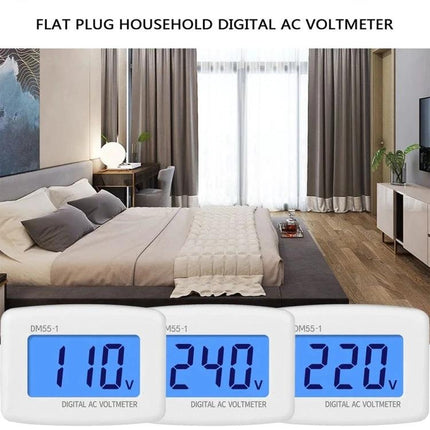 Digital AC Voltage Meter for Measuring 110-300V Household Circuits in bedroom showing readings 110V 240V 220V compact ABS plug-in voltmeter