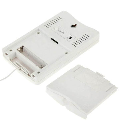 Digital LCD Indoor Outdoor Humidity Thermometer For Home showing back panel, battery compartment and probe cable