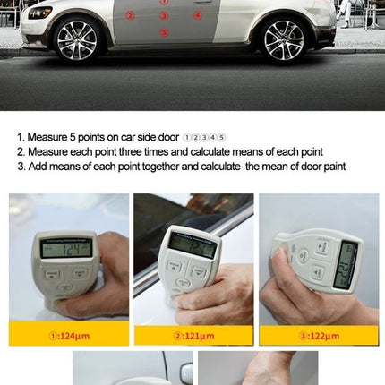 Benetech Coating Thickness Gauge for Metal Surfaces and Films measuring car door coating at multiple points for corrosion protection
