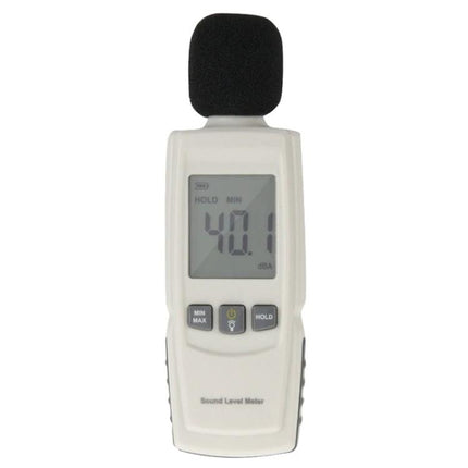 Benetech Portable Sound Level Meter for Noise Monitoring handheld device showing 40.1 dBA on LCD with windscreen microphone