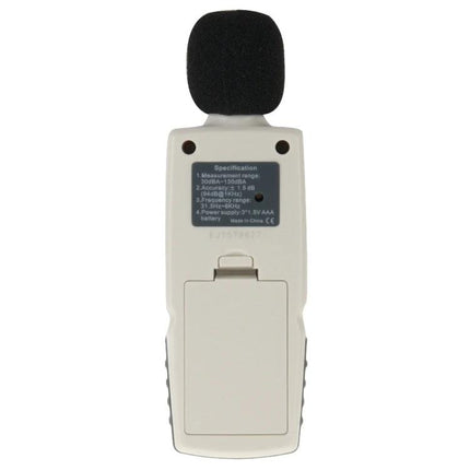 Benetech Portable Sound Level Meter for Noise Monitoring handheld device with foam windscreen and back view