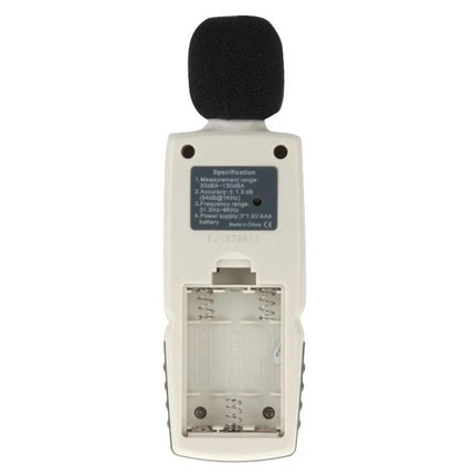Benetech Portable Sound Level Meter for Noise Monitoring handheld device with foam windscreen and open battery compartment