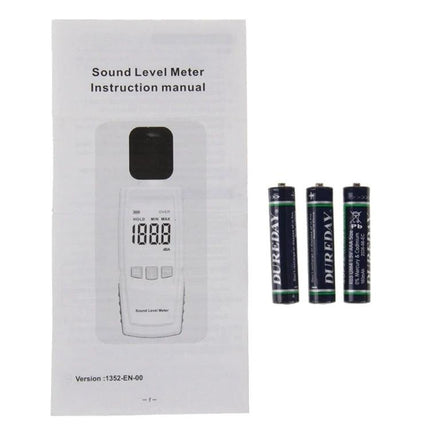 Benetech Portable Sound Level Meter for Noise Monitoring with instruction manual and three AA batteries