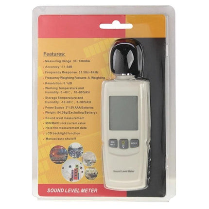 Benetech Portable Sound Level Meter for Noise Monitoring compact handheld device in retail packaging measuring environmental noise levels