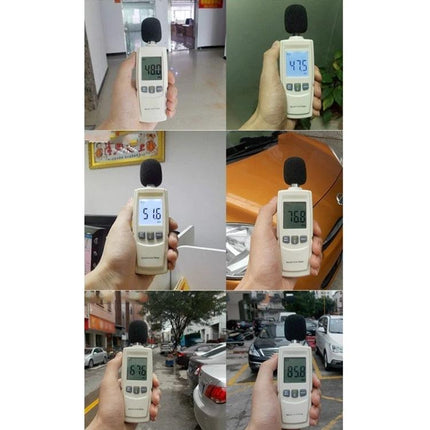 Benetech Portable Sound Level Meter for Noise Monitoring handheld device showing various dB readings in indoor and outdoor settings