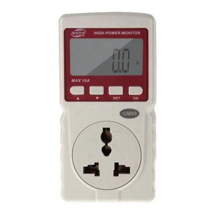 Benetech High Power Energy Monitor for Household Use plug-in LCD energy meter showing 0.0W and control buttons