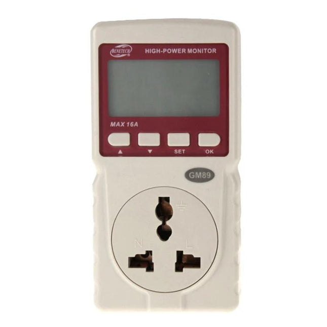 Benetech High Power Energy Monitor for Household Use white plug-in energy meter with LCD display and control buttons