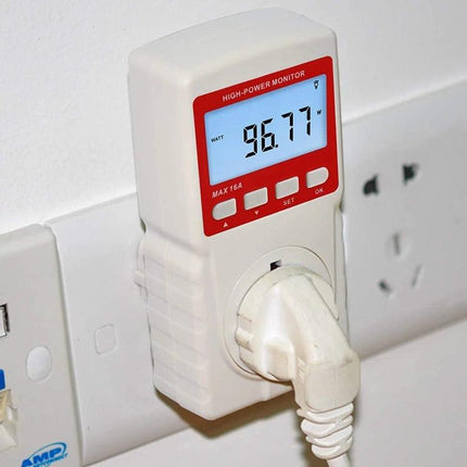 Benetech High Power Energy Monitor for Household Use plugged into wall showing 96.77W on LCD display