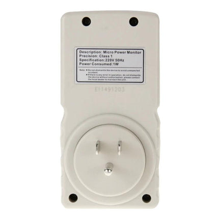 Benetech High Power Energy Monitor for Household Use white plug-in meter with LCD and current sensor, back view showing socket and specification label