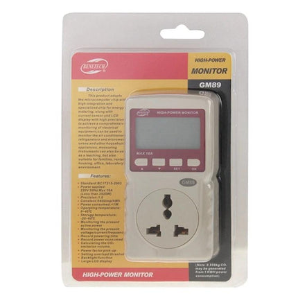 Benetech High Power Energy Monitor for Household Use - plug-in LCD energy meter showing socket, display and buttons in retail packaging