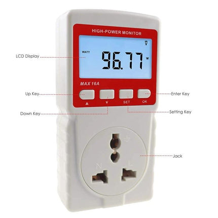 Benetech High Power Energy Monitor for Household Use showing LCD 96.77W reading and labeled buttons for appliance energy tracking