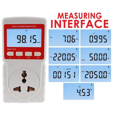 Benetech High Power Energy Monitor for Household Use showing LCD readings and socket for tracking appliance electricity usage