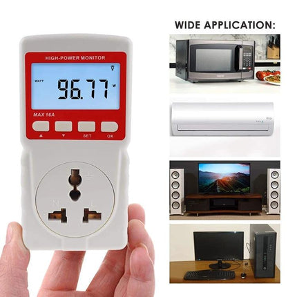 Benetech High Power Energy Monitor for Household Use showing LCD watt reading and plug-in socket for appliances