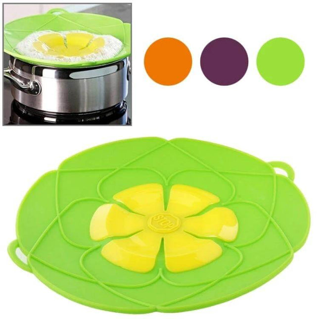 Spill Proof Silicone Pot Cover Prevents Boil Overs Fits 6 to 9.5 in - green silicone lid with center flower steam vent for pots