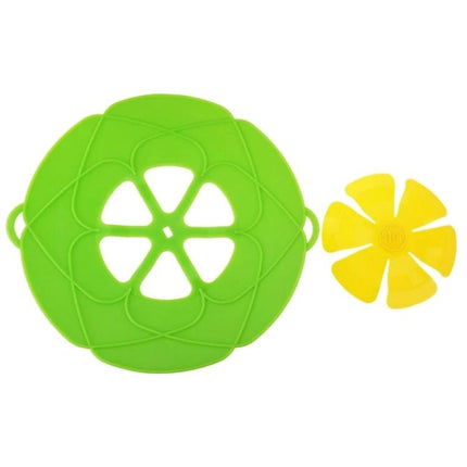 Spill Proof Silicone Pot Cover Prevents Boil Overs Fits 6 to 9.5 in green silicone lid with yellow steam vent flower