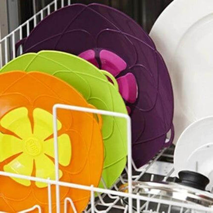 Spill Proof Silicone Pot Cover Prevents Boil Overs Fits 6 to 9.5 in - colorful flower steam vent lids drying in dishwasher